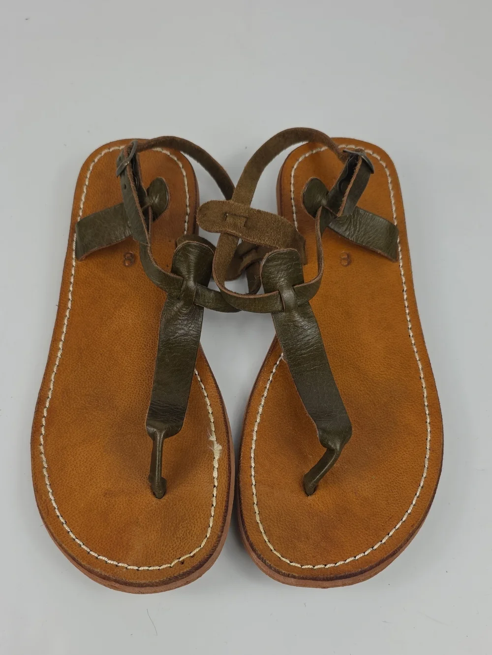 Vintage Homemade Green Olive Leather Unique Foot-Shaped Leather Sandals 8